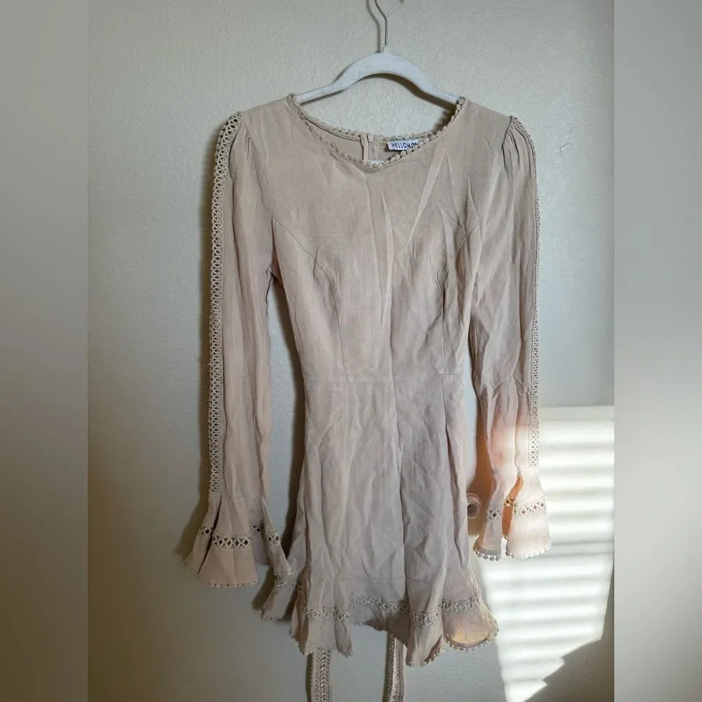 Hello Molly Follow My Lead Linen Mini Dress Sz Small‎ Beige Flare Sleeve NEW